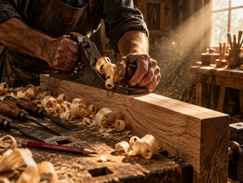 Carpenter's hands planing white oak in warm workshop light