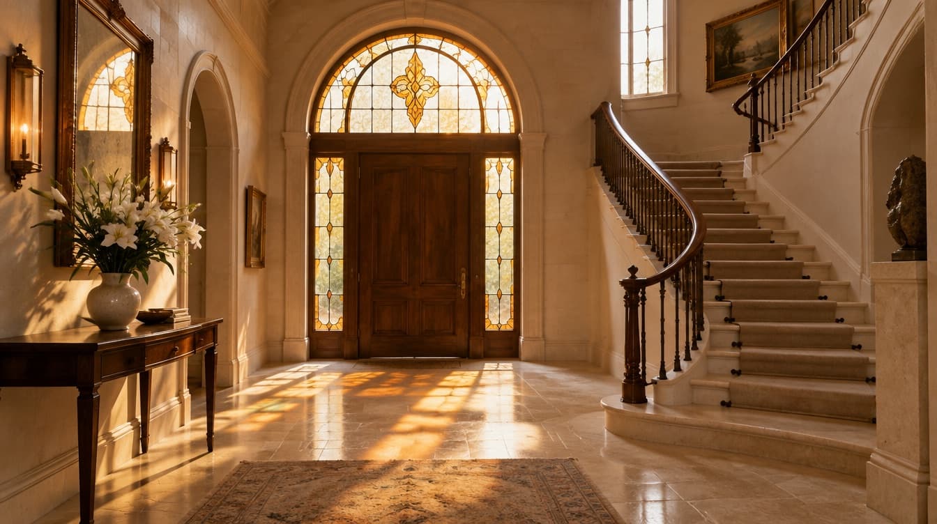 Renovated entry foyer with an amber stained-glass transom and curved staircase