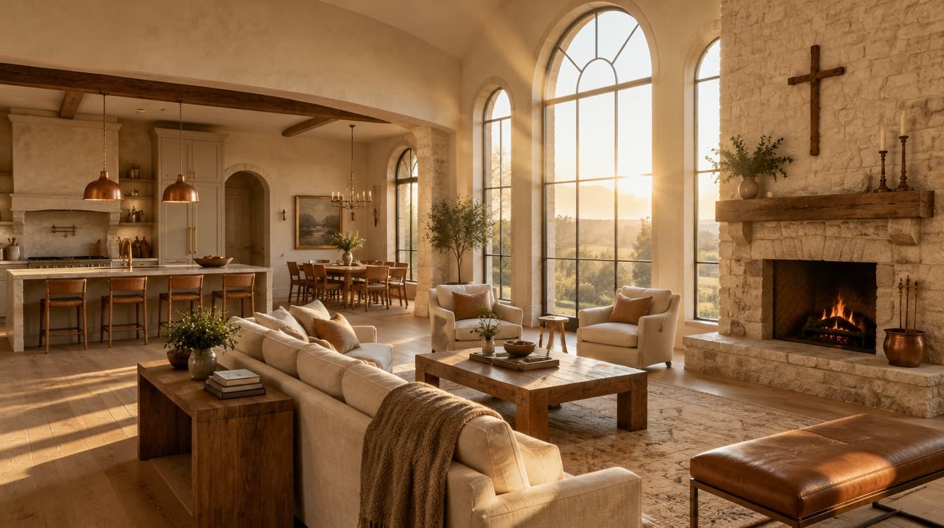 Renovated great room with tall arched windows, warm sunlight and a wooden cross above the stone fireplace