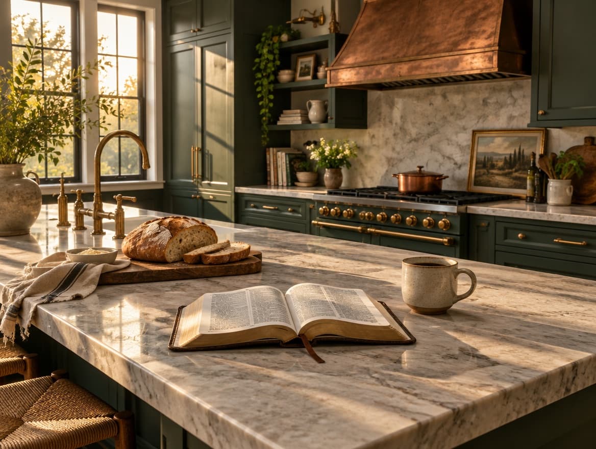 Forest-green kitchen with marble island and an open Bible beside morning coffee